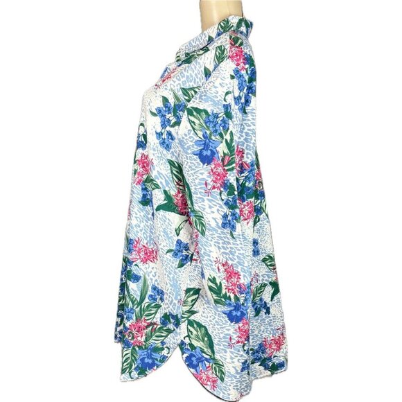 Jssica London +20W Blue-Pink Floral Button Linen Blend Collar 3/4 Sleeve Shirt - Picture 5 of 6